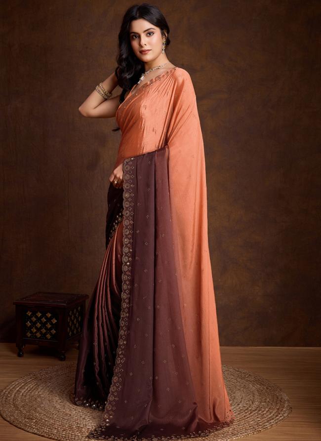 Two Tone Shaded Chinnon Brown Party Wear Swarovski Work Saree